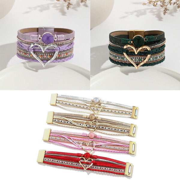 Chic Women Multi-Color Leather Wrap Bracelet Love Heart Charms Magnetic Clasp