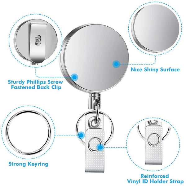2X Heavy Duty Large Retractable Key Chain Steel Wire Badge Holder ID Card Holder