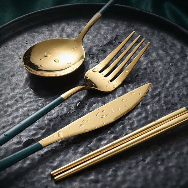 4pcs Cutlery Set Stainless Steel Spoon Fork Knife Chopsticks Kit Travel Gift