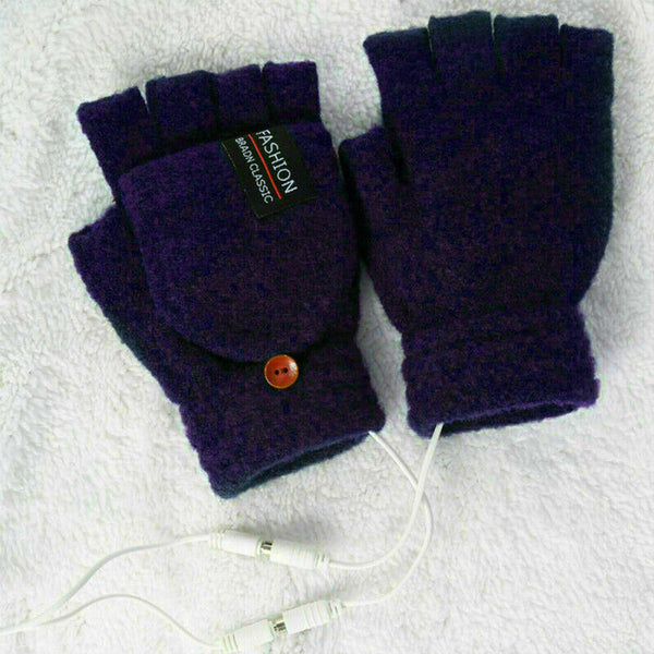 Winter Electric Rechargeable Mitten Heated Gloves Half Finger W/Hat USB Knitted