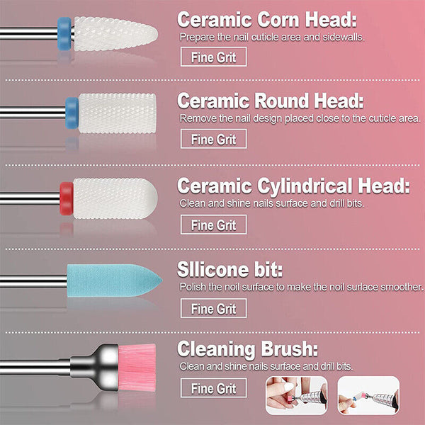 16x Ceramic Nail Drill Bits File Acrylic Manicure Pedicure Tools
