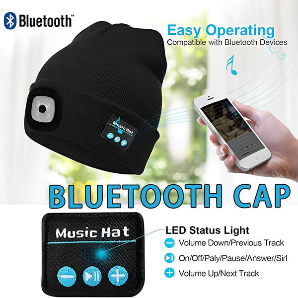 Bluetooth LED Beanie Hat with Music Speakers Mic Rechargeable Cap Head Lamp Gift