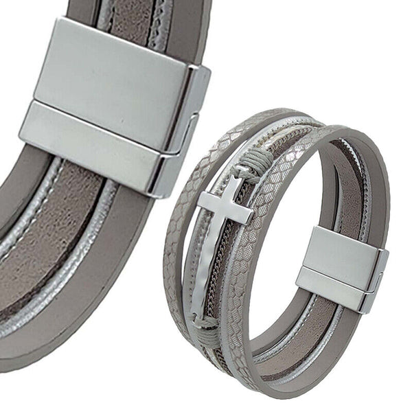 Men Cross Bracelet Multi-Layer Leather Wristband Stainless Steel Stylish Gift AU