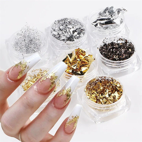 12PCS Gold Silver Foil Flakes Leaf Wrap Nail Art Acrylic Gel Polish Nail Tool AU