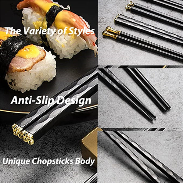 5Pairs Alloy Chopsticks Fibreglass Set Black Premium Asian Japanese Gold Black