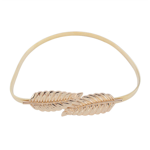 2PCS Women Gold Leaf Belt Elastic Metal Stretch Buckle Skinny Waist Dress Belt