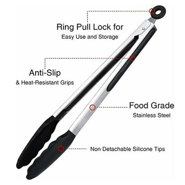 2Pack Black Kitchen Tongs Premium Silicone BPA Free Non-Stick Stainless Steel AU