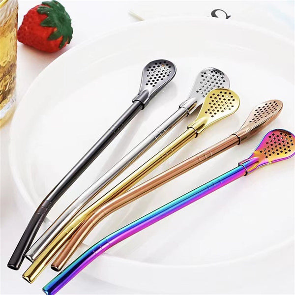 2X Stainless Steel Drinking Gourd Filter Spoon Bombilla Tea Straw Yerba Mate New