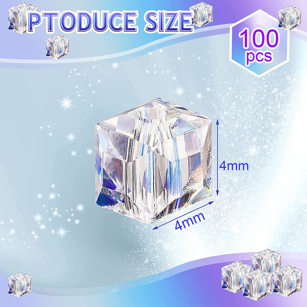 200X Clear AB Colour Square Cube Beads Crystal Glass Prism Faceted 4mm Jewelry A