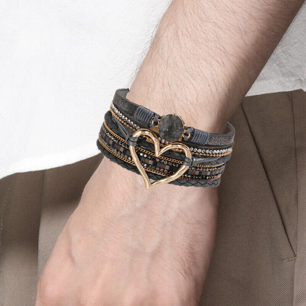 Chic Women Multi-Color Leather Wrap Bracelet Love Heart Charms Magnetic Clasp