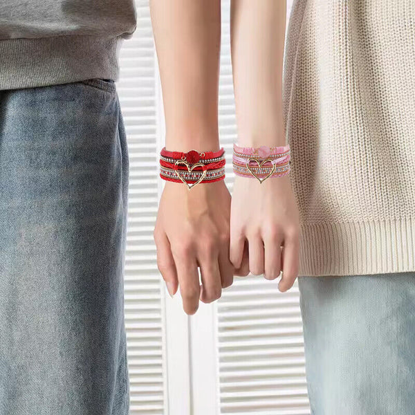 Chic Women Multi-Color Leather Wrap Bracelet Love Heart Charms Magnetic Clasp