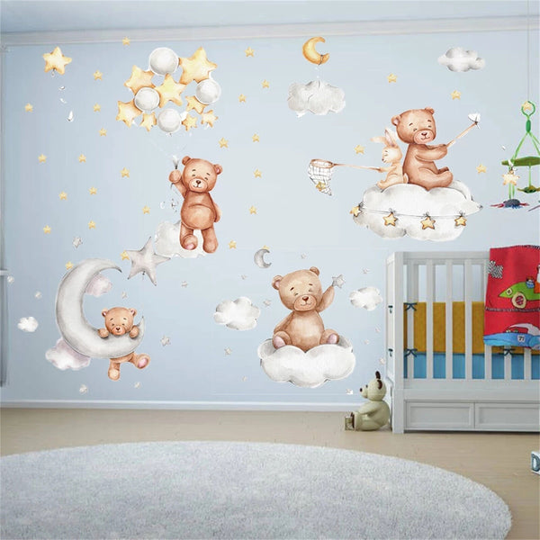 Cute Bear Wall Stickers with Balloons Kids Infant Baby Bedroom Playroom Decor - Lets Party