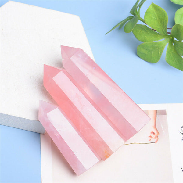 7~8cm Natural Pink Rose Quartz Crystal Wand Point Healing Mineral Stone Artwork
