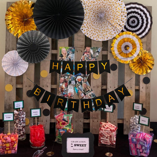 8PCS Paper Fans Party Decorations Bridal Shower Birthday Decorations Black Gold