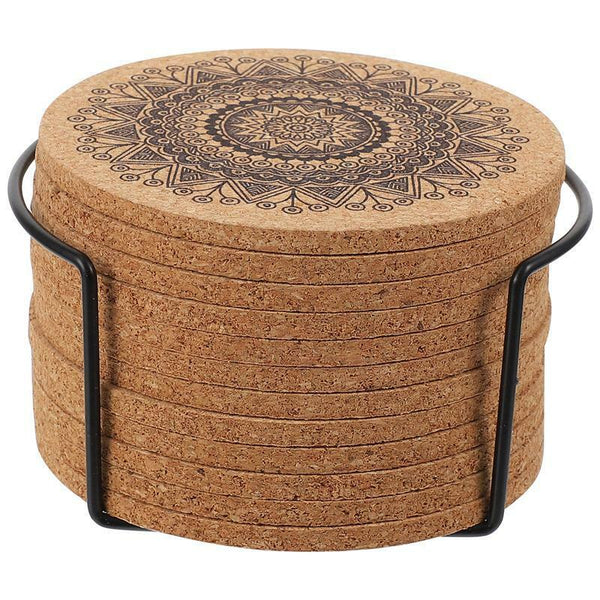 12PCS Cup Coasters Coffee Pad With Rack Nordic Mandala Round Cork Coaster New AU