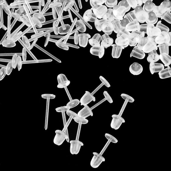 100x Clear Plastic Flat Earrings Studs & Backings - Transparent Invisible Blank