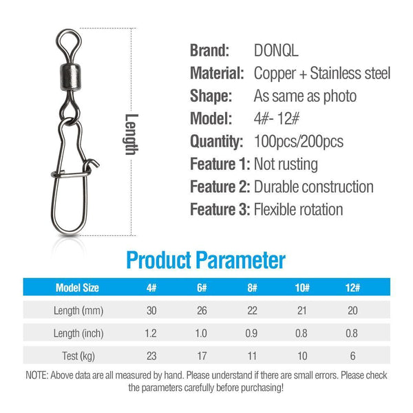 100Pcs Fishing Rolling Barrel Swivel with Nice Snap Tackle Connector Size 4#-12#