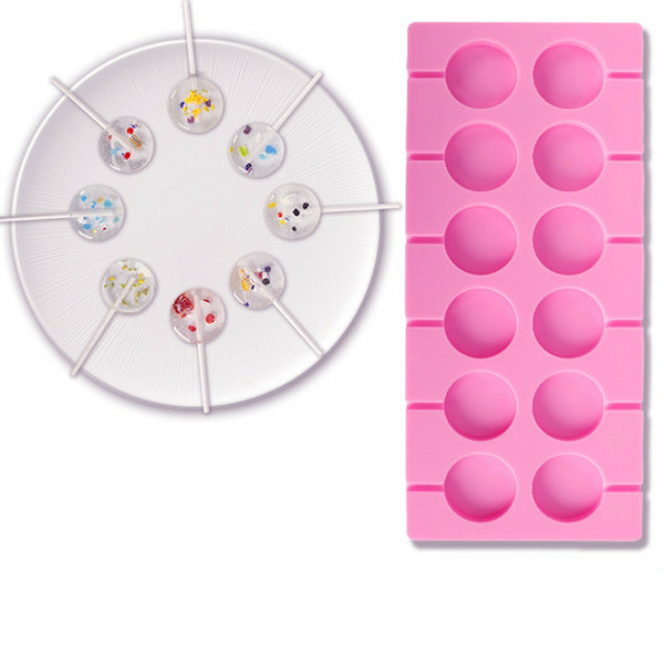 Round Silicone Lollipop Mould Baking Hard Candy Mold 12 Capacity DIY Sticks Set