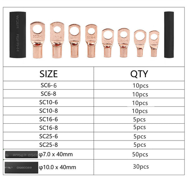 140PCS Cable Lugs Battery Copper Ring Crimp Terminals Electrical Wire Connectors