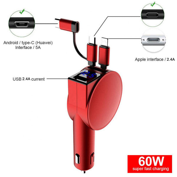 3 IN 1 Fast Retractable Car Charger USB Port Charging Adapter for iPhone Android