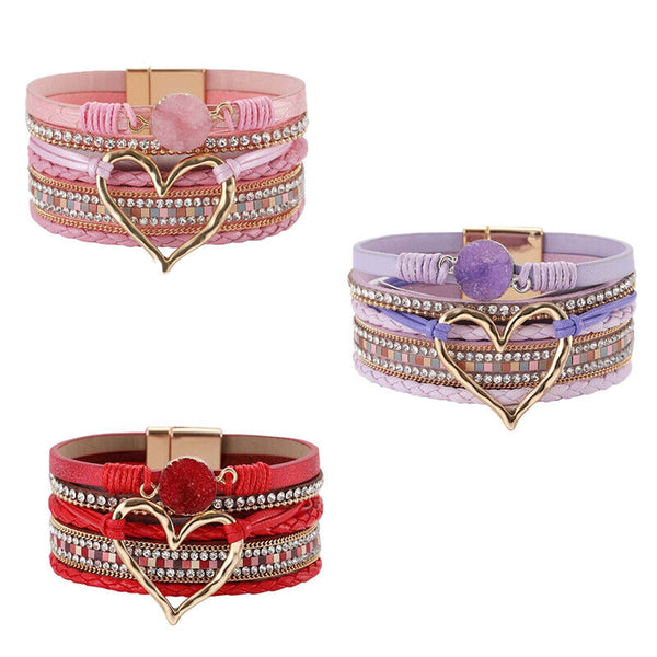 Chic Women Multi-Color Leather Wrap Bracelet Love Heart Charms Magnetic Clasp