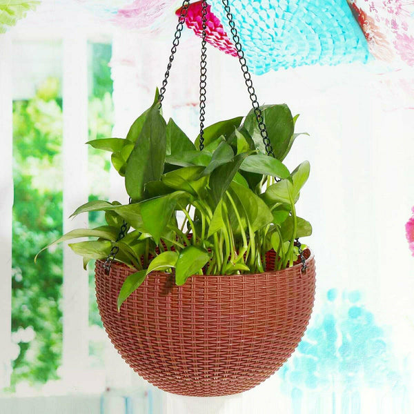 2x Landen Rattan Hanging Plant Pots Flower Baskets Planters Self Watering Wall