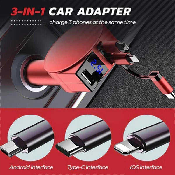 3 IN 1 Fast Retractable Car Charger USB Port Charging Adapter for iPhone Android