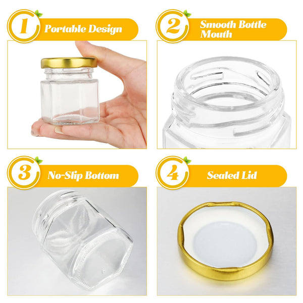 50Pack 45ml Hexagon Mini Glass Honey Jars with Wood Dipper Gold Lid Bee Pend AU
