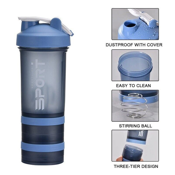 Powder Milkshake Drink Cup Sport Water bottle 500ml 3 tier Protein Shaker Pill