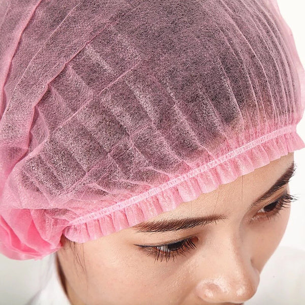 100x Pink Disposable Hair Net Cap Non Woven Anti Dust Stretch Elastic Work Hat Cover - Lets Party