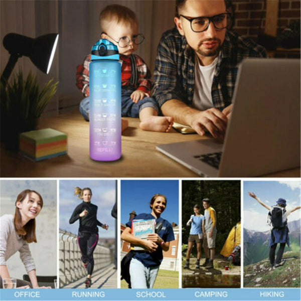1L  Pink Blue Water Bottle Motivational Drink Flask With Time Markings BPA Free Sport Gym - Lets Party
