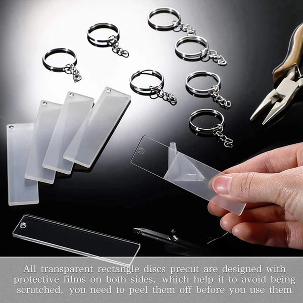 24sets Rectangle Acrylic Key Chain Blank Clear Keyring KeyChain Pendant DIY Kit
