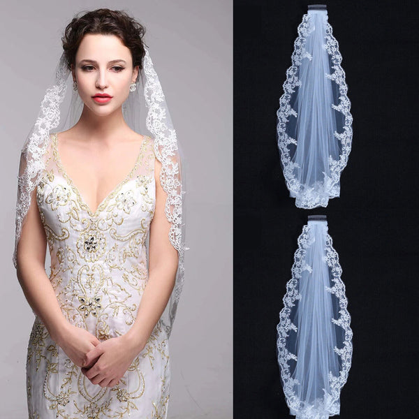 White Lvory  Women Bridal Wedding Cathedral Length Veil 1Layer Long Lace + Comb