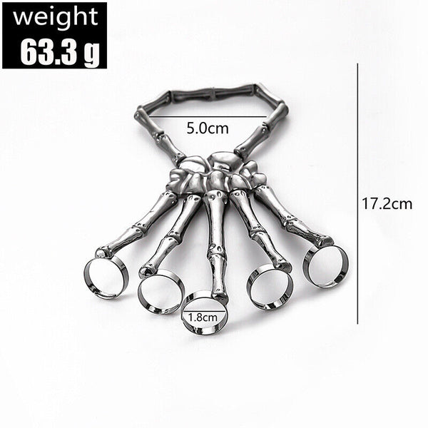 Punk Skeleton Hand Bone Five Finger Ring Bracelet Adjustable Halloween Brace AU