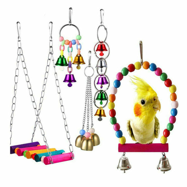 5 pcs Parrot Toys Hanging Swing Bird Bell Cage Parakeet Cockatiel Budgie Harness