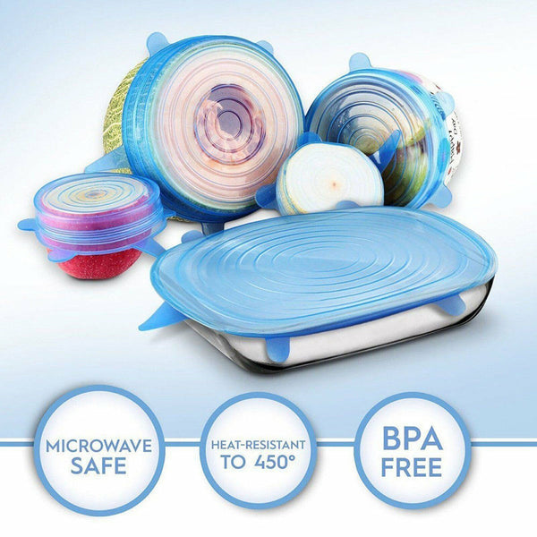 6Pcs Stretch Reusable Silicone Bowl Wraps Food Saver Cover Seal Lids Food Cover