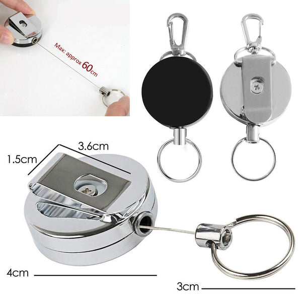 2 X Recoil Key Ring Carabiner Retractable Stainless Steel Chain ID Badge Pull AU