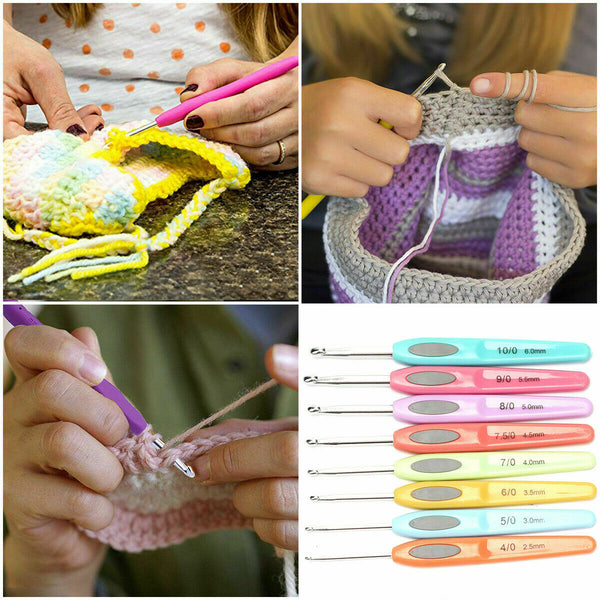8 x Crochet Hooks Colorful Plastic Pad Ergonomic Arthritis Relief 2.5-6mm Needle - Lets Party