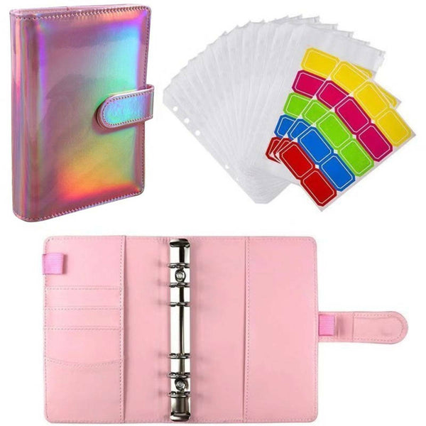 A6 PU Laser Leather Notebook Binder Budget Planner Organizer Cash Binder Pockets