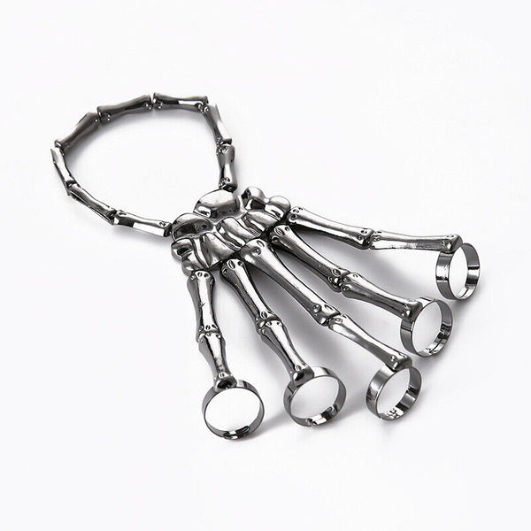 Punk Skeleton Hand Bone Five Finger Ring Bracelet Adjustable Halloween Brace AU