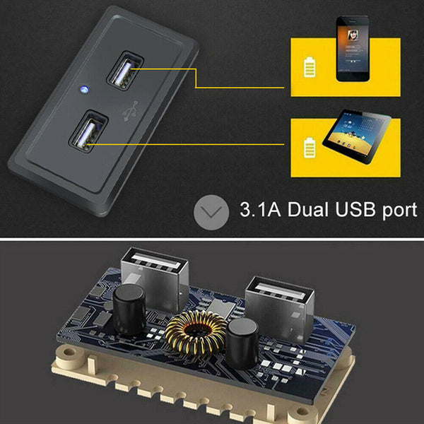 3.1A Dual USB Port Fast Charger Socket Power Outlet Panel 12V Motorcycle Car RV