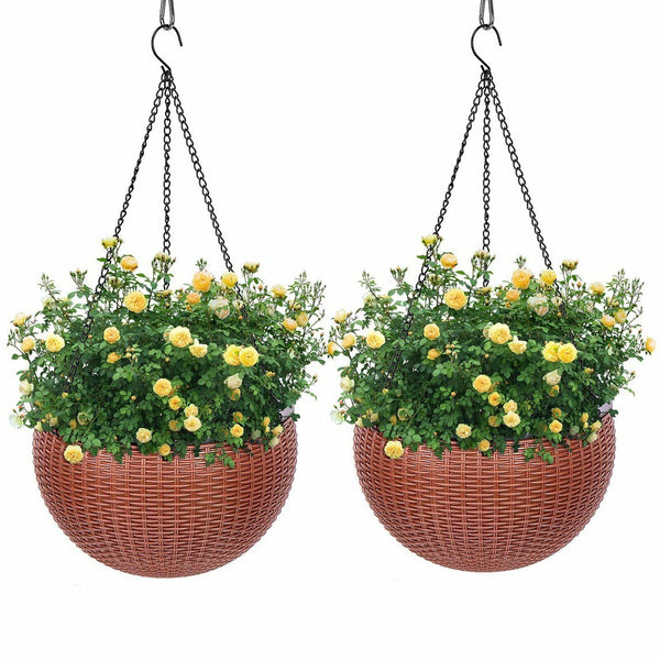 2x Landen Rattan Hanging Plant Pots Flower Baskets Planters Self Watering Wall