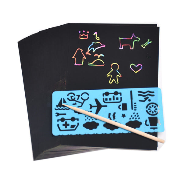 10Sheets Scratch Paper Creative Art Rainbow Paper Sketch Book Bamboo Pens Rulers - Lets Party