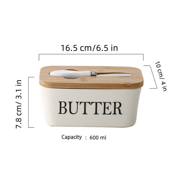 Ceramic Butter Dish Box Storage Tray Container w/ Bamboo Lid & Butter Cutter
