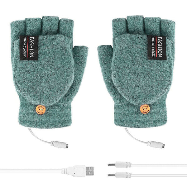 Winter Electric Rechargeable Mitten Heated Gloves Half Finger W/Hat USB Knitted