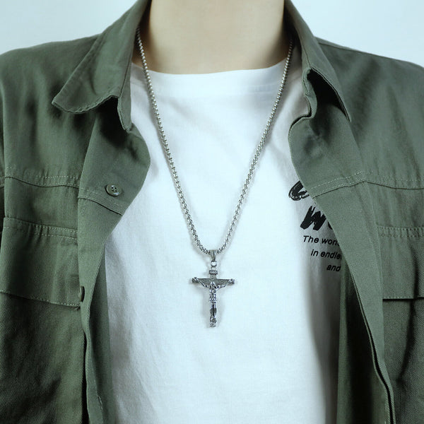 Men Stainless Steel Gold Silver Old Gold Jesus Crucifix Pendant Chain Necklace