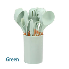 12Pcs Green Silicone Utensils Cooking Kitchen Set Wooden Baking Cookware BPA