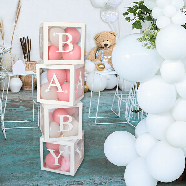 4Pcs/Set Cube Clear BABY Balloon Box Boxes Baby Shower Party Decoration White AU