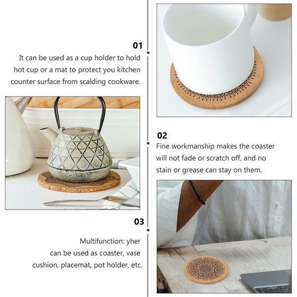 12PCS Cup Coasters Coffee Pad With Rack Nordic Mandala Round Cork Coaster New AU