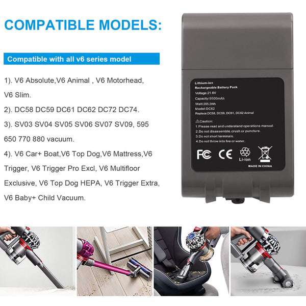 9.5Ah For Dyson V6 Battery Animal Slim Absolute Motorhead Trigger SV03 DC61 DC62 - Lets Party